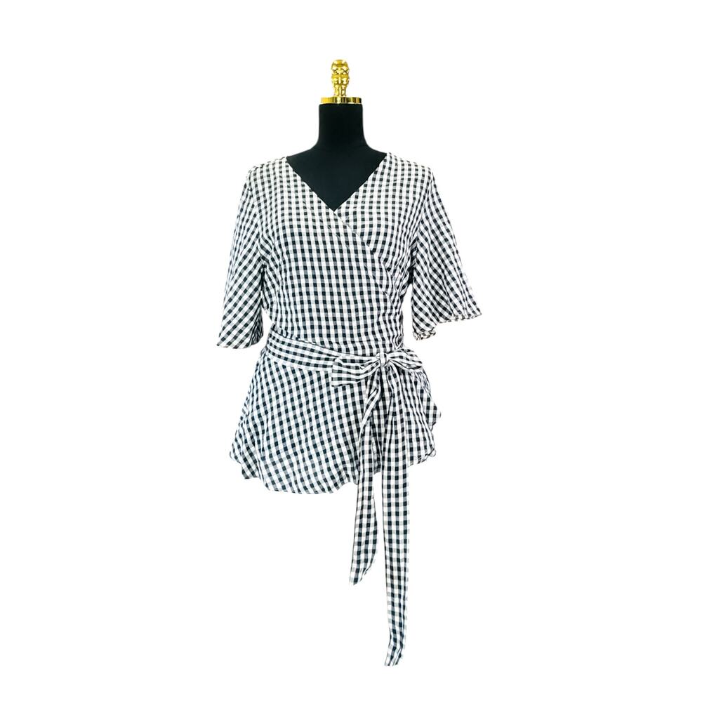 LOFT Blue & White Gingham Wrap Blouse V-Neck Tie Belt 100% Cotton Size XL